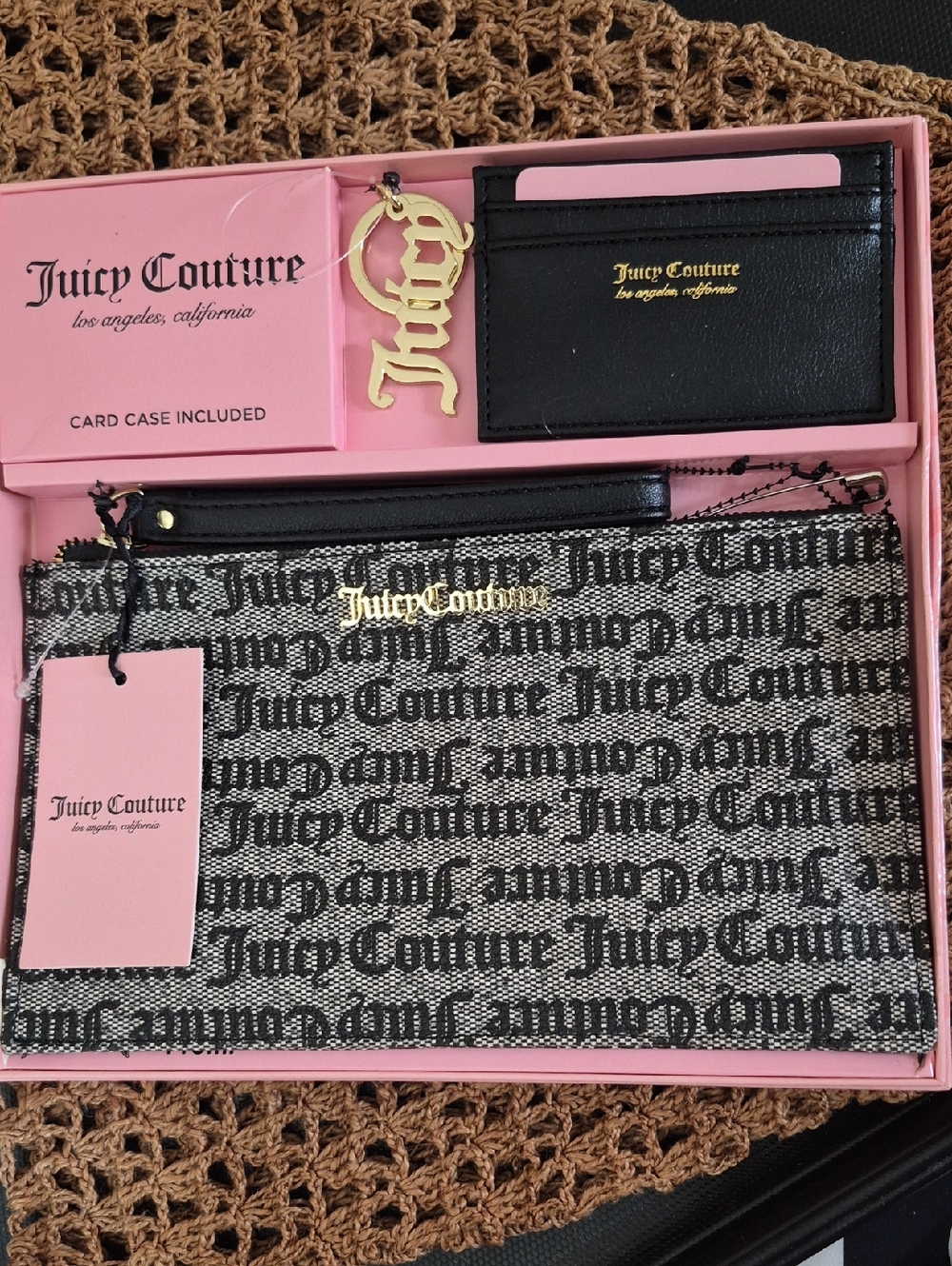Juicy Couture Logo Zip Oversized Wristlet, Keychain, Card Case 3pc Set